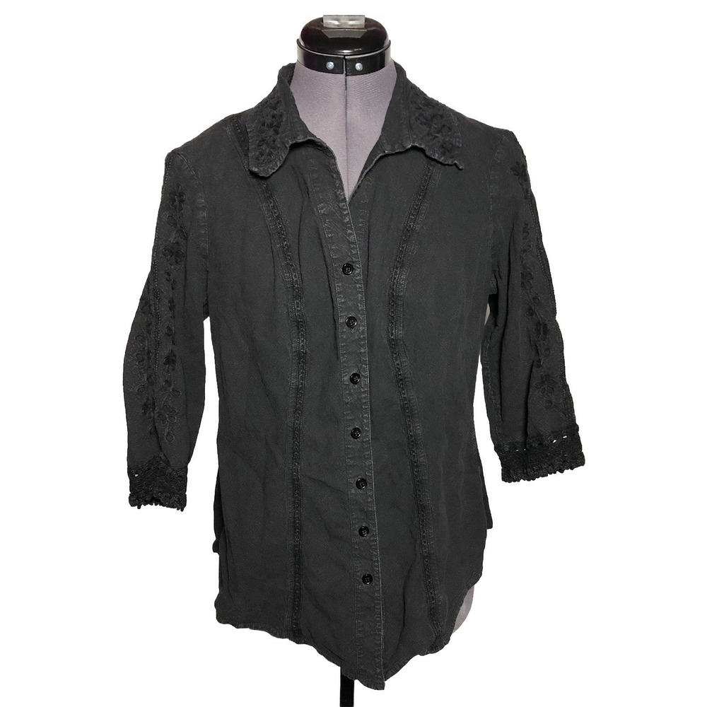 Gretty‎ Zueger Embroidered Cotton Shirt Blouse Soft Black Boho Button XL B-40"